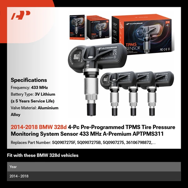 2014-2018 BMW 328d 4-Pc Pre-Programmed TPMS Tire Pressure Monitoring System Sensor 433 MHz A-Premium APTPMS311