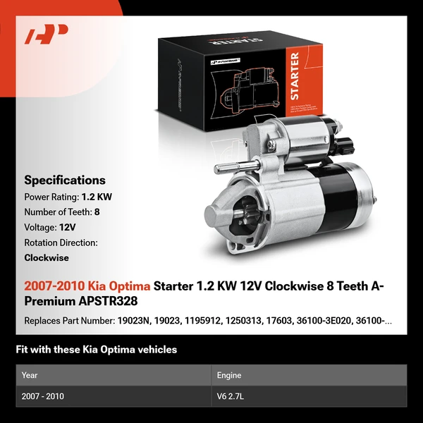 2007-2010 Kia Optima Starter 1.2 KW 12V Clockwise 8 Teeth A-Premium APSTR328