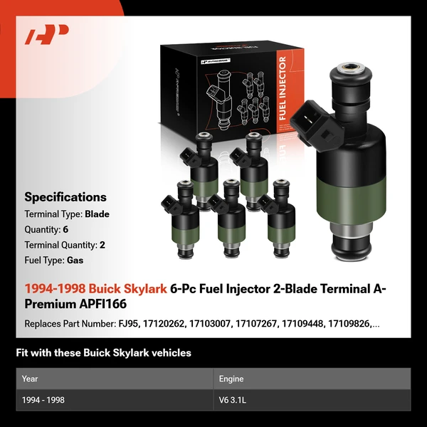 1994-1998 Buick Skylark 6-Pc Fuel Injector 2-Blade Terminal A-Premium APFI166