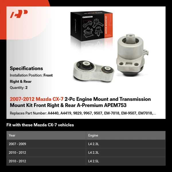 2007-2012 Mazda CX-7 2-Pc Engine Mount and Transmission Mount Kit Front Right & Rear A-Premium APEM753
