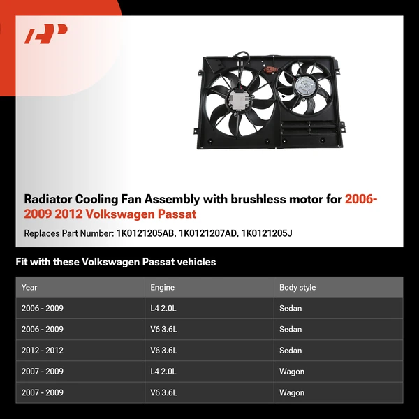 Radiator Cooling Fan Assembly with brushless motor for 2006-2009 2012 Volkswagen Passat