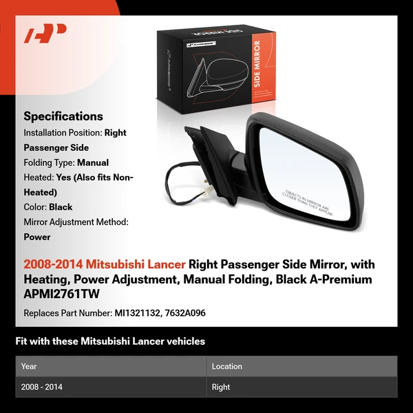 2008-2014 Mitsubishi Lancer Right Passenger Side Mirror, with Heating, Power Adjustment, Manual Folding, Black A-Premium APMI2761TW