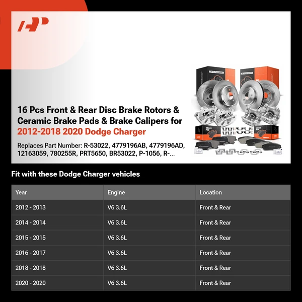 16 Pcs Front & Rear Disc Brake Rotors & Ceramic Brake Pads & Brake Calipers for 2012-2018 2020 Dodge Charger