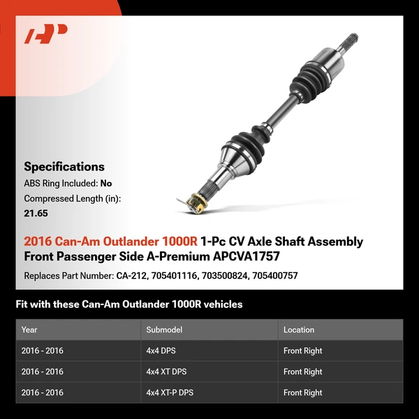 2016 Can-Am Outlander 1000R 1-Pc CV Axle Shaft Assembly Front Passenger Side A-Premium APCVA1757