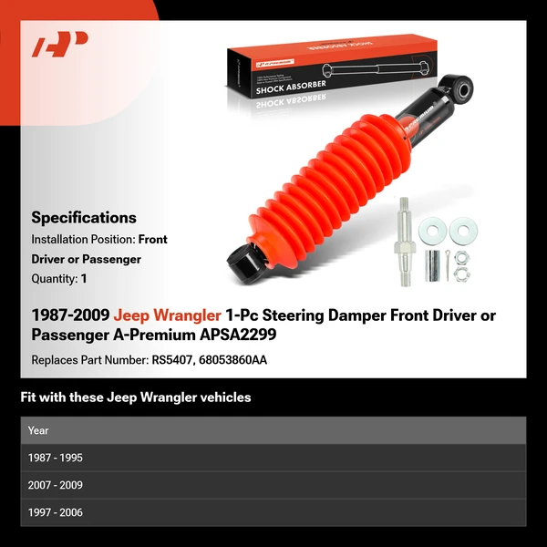 1987-2009 Jeep Wrangler 1-Pc Steering Damper Front Driver or Passenger A-Premium APSA2299