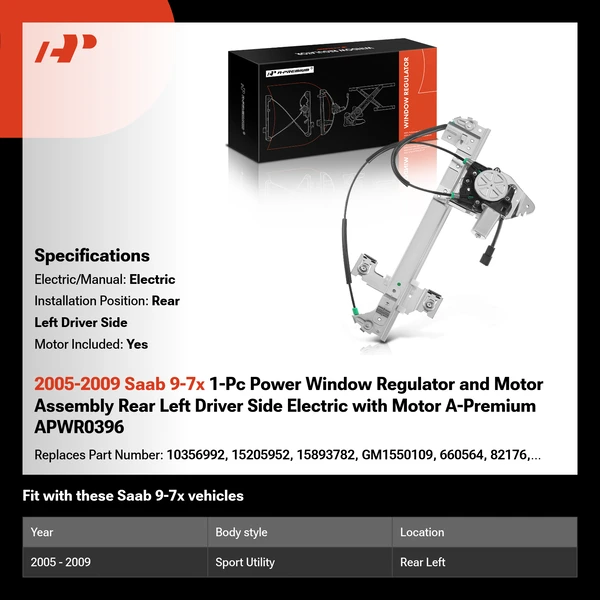 2005-2009 Saab 9-7x 1-Pc Power Window Regulator and Motor Assembly Rear Left Driver Side Electric with Motor A-Premium APWR0396