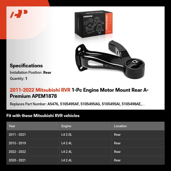 2011-2022 Mitsubishi RVR 1-Pc Engine Motor Mount Rear A-Premium APEM1878