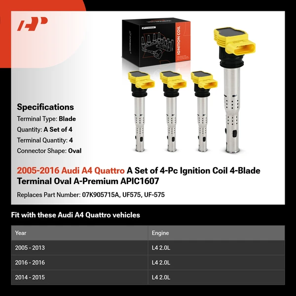 2005-2016 Audi A4 Quattro A Set of 4-Pc Ignition Coil 4-Blade Terminal Oval A-Premium APIC1607