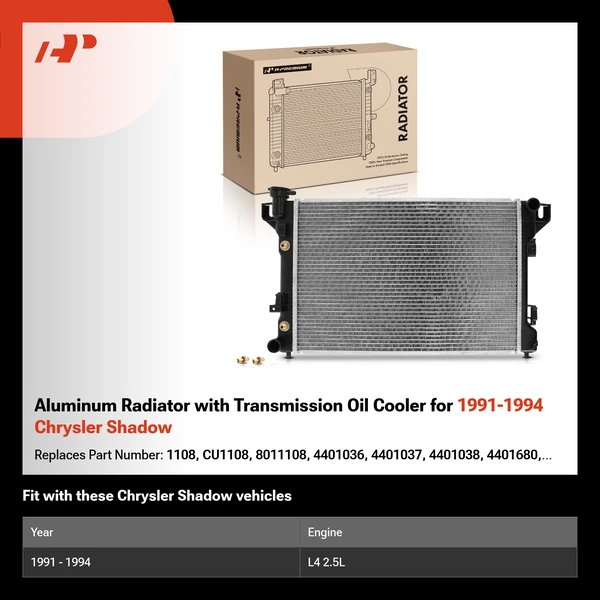 Aluminum Radiator with Transmission Oil Cooler for 1991-1994 Chrysler Shadow