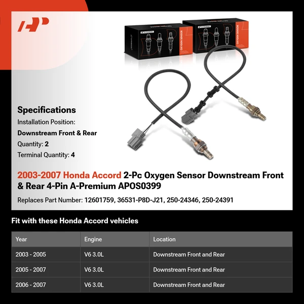 2003-2007 Honda Accord 2-Pc Oxygen Sensor Downstream Front & Rear 4-Pin A-Premium APOS0399