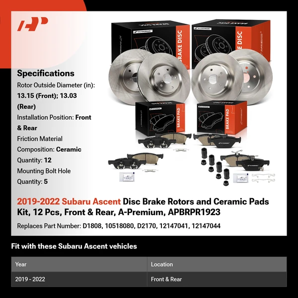 2019-2022 Subaru Ascent Disc Brake Rotors and Ceramic Pads Kit, 12 Pcs, Front & Rear, A-Premium, APBRPR1923