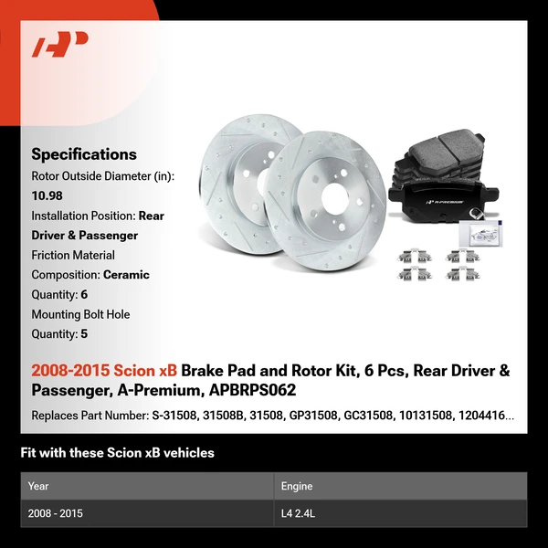 2008-2015 Scion xB Brake Pad and Rotor Kit, 6 Pcs, Rear Driver & Passenger, A-Premium, APBRPS062