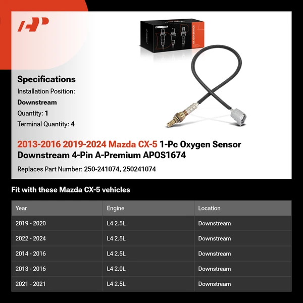 2013-2016 2019-2024 Mazda CX-5 1-Pc Oxygen Sensor Downstream 4-Pin A-Premium APOS1674