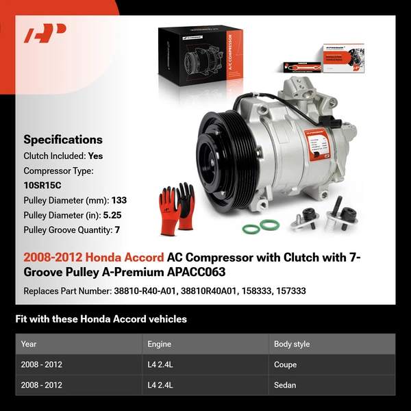 2008-2012 Honda Accord AC Compressor with Clutch with 7-Groove Pulley A-Premium APACC063