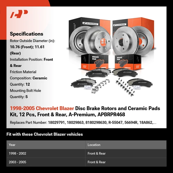 1998-2005 Chevrolet Blazer Disc Brake Rotors and Ceramic Pads Kit, 12 Pcs, Front & Rear, A-Premium, APBRPR468