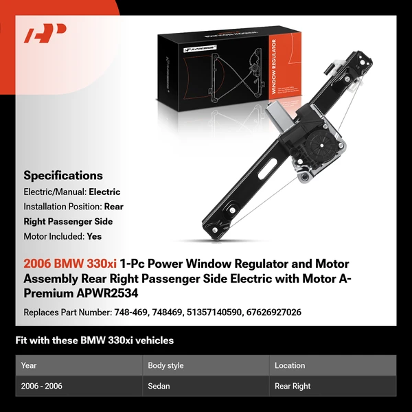 2006 BMW 330xi 1-Pc Power Window Regulator and Motor Assembly Rear Right Passenger Side Electric with Motor A-Premium APWR2534