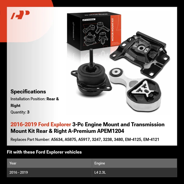 2016-2019 Ford Explorer 3-Pc Engine Mount and Transmission Mount Kit Rear & Right A-Premium APEM1204