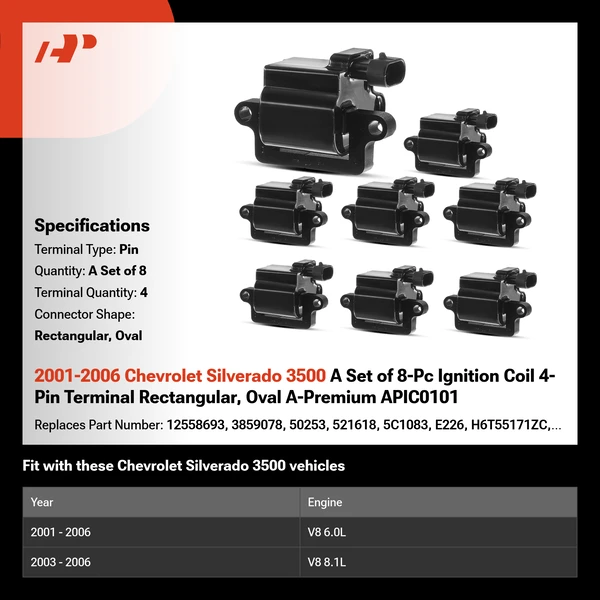 2001-2006 Chevrolet Silverado 3500 A Set of 8-Pc Ignition Coil 4-Pin Terminal Rectangular, Oval A-Premium APIC0101