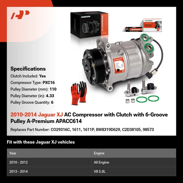 2010-2014 Jaguar XJ AC Compressor with Clutch with 6-Groove Pulley A-Premium APACC614