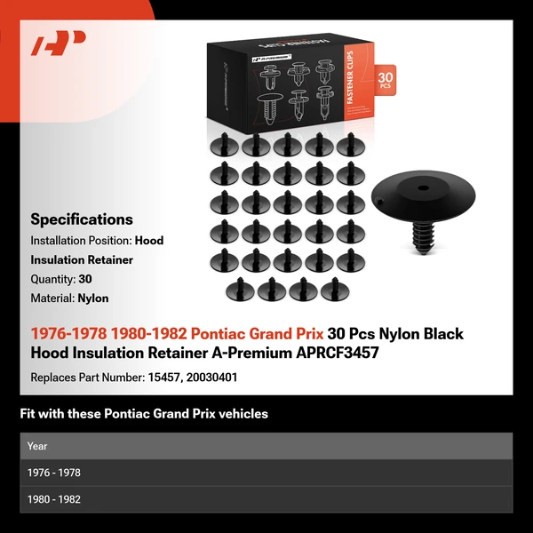 1976-1978 1980-1982 Pontiac Grand Prix 30 Pcs Nylon Black Hood Insulation Retainer A-Premium APRCF3457