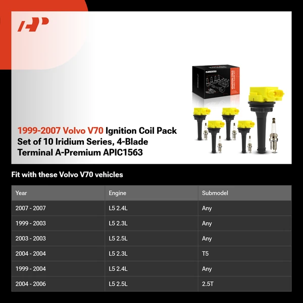 1999-2007 Volvo V70 Ignition Coil Pack Set of 10 Iridium Series, 4-Blade Terminal A-Premium APIC1563