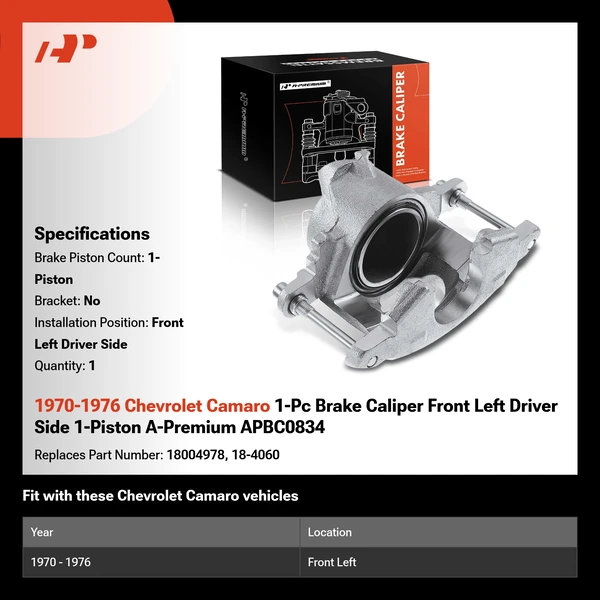 1970-1976 Chevrolet Camaro 1-Pc Brake Caliper Front Left Driver Side 1-Piston A-Premium APBC0834