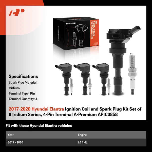 2017-2020 Hyundai Elantra Ignition Coil and Spark Plug Kit Set of 8 Iridium Series, 4-Pin Terminal A-Premium APIC0858