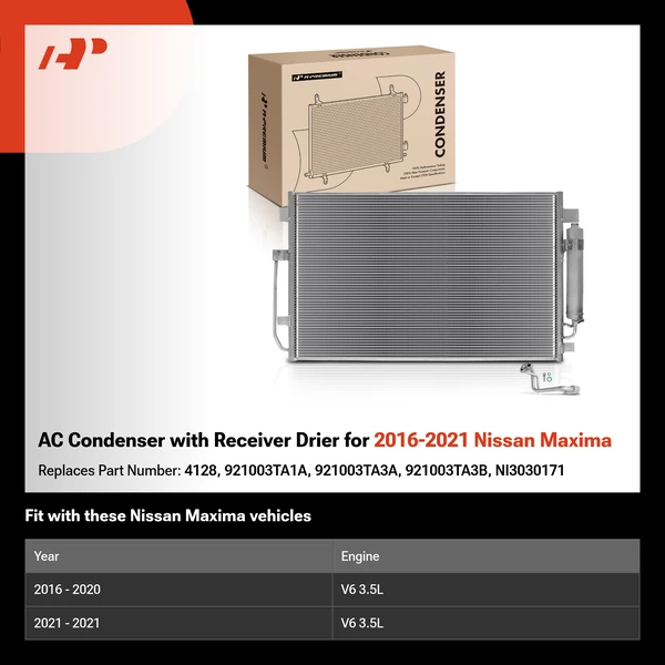 AC Condenser with Receiver Drier for 2016-2021 Nissan Maxima