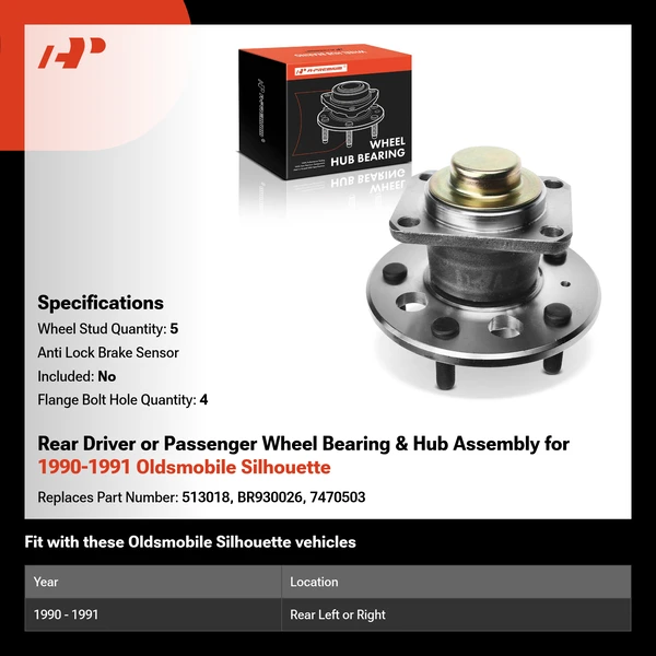 Rear Driver or Passenger Wheel Bearing & Hub Assembly for 1990-1991 Oldsmobile Silhouette