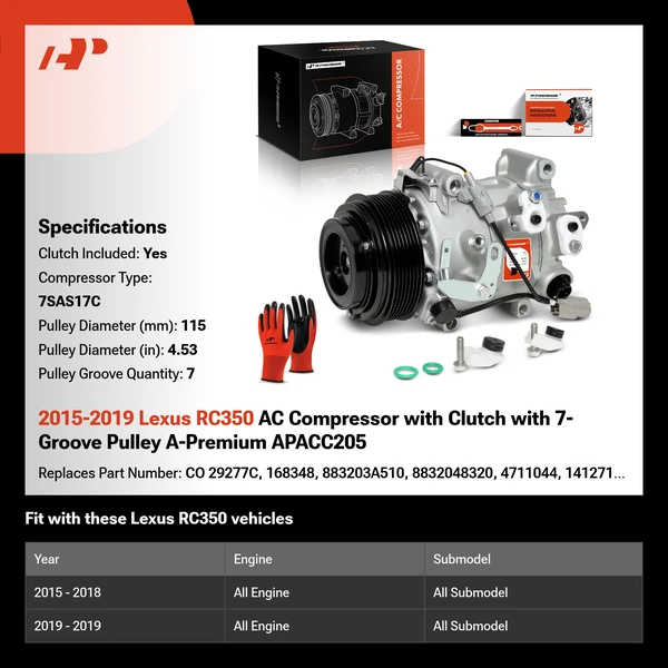 2015-2019 Lexus RC350 AC Compressor with Clutch with 7-Groove Pulley A-Premium APACC205