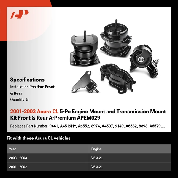 2001-2003 Acura CL 5-Pc Engine Mount and Transmission Mount Kit Front & Rear A-Premium APEM029