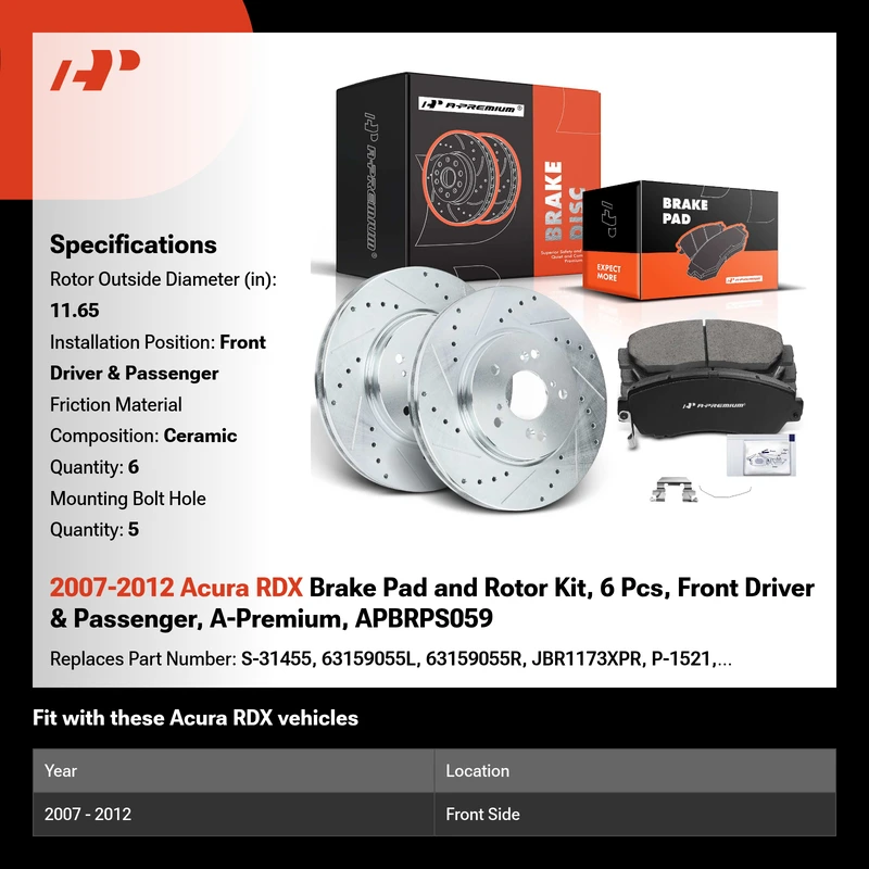 2007-2012 Acura RDX Brake Pad and Rotor Kit, 6 Pcs, Front Driver & Passenger, A-Premium, APBRPS059