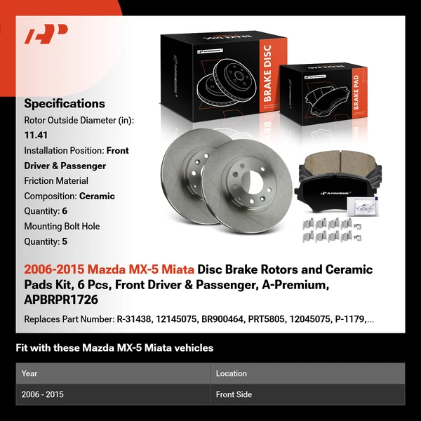 2006-2015 Mazda MX-5 Miata Disc Brake Rotors and Ceramic Pads Kit, 6 Pcs, Front Driver & Passenger, A-Premium, APBRPR1726