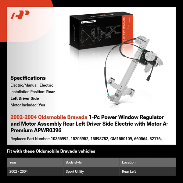 2002-2004 Oldsmobile Bravada 1-Pc Power Window Regulator and Motor Assembly Rear Left Driver Side Electric with Motor A-Premium APWR0396