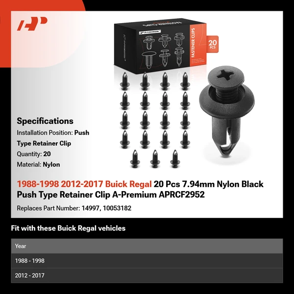 1988-1998 2012-2017 Buick Regal 20 Pcs 7.94mm Nylon Black Push Type Retainer Clip A-Premium APRCF2952