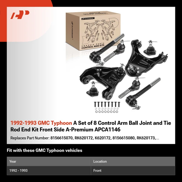 1992-1993 GMC Typhoon A Set of 8 Control Arm Ball Joint and Tie Rod End Kit Front Side A-Premium APCA1146
