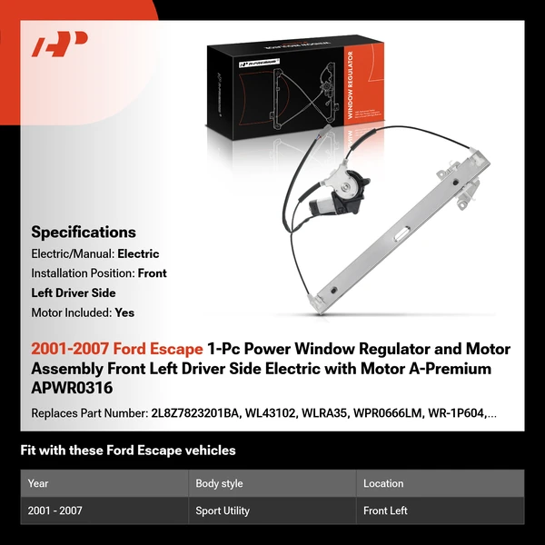 2001-2007 Ford Escape 1-Pc Power Window Regulator and Motor Assembly Front Left Driver Side Electric with Motor A-Premium APWR0316