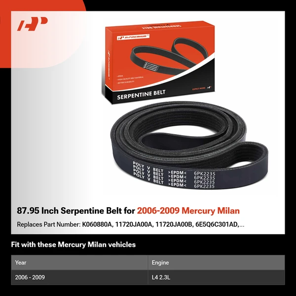 87.95 Inch Serpentine Belt for 2006-2009 Mercury Milan