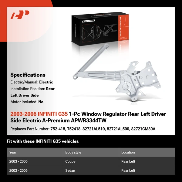 2003-2006 INFINITI G35 1-Pc Window Regulator Rear Left Driver Side Electric A-Premium APWR3344TW