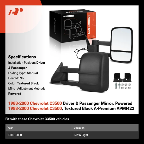 1988-2000 Chevrolet C3500 Driver & Passenger Mirror, Powered 1988-2000 Chevrolet C3500, Textured Black A-Premium APMI422