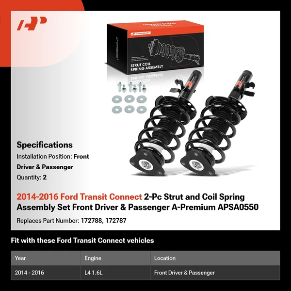 2014-2016 Ford Transit Connect 2-Pc Strut and Coil Spring Assembly Set Front Driver & Passenger A-Premium APSA0550