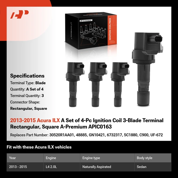 2013-2015 Acura ILX A Set of 4-Pc Ignition Coil 3-Blade Terminal Rectangular, Square A-Premium APIC0163