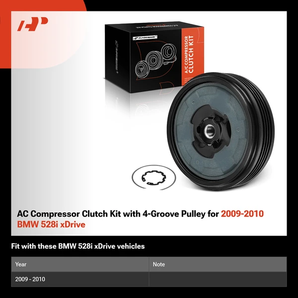 AC Compressor Clutch Kit with 4-Groove Pulley for 2009-2010 BMW 528i xDrive
