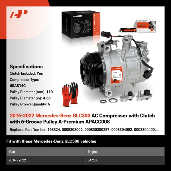 2016-2022 Mercedes-Benz GLC300 AC Compressor with Clutch with 6-Groove Pulley A-Premium APACC008