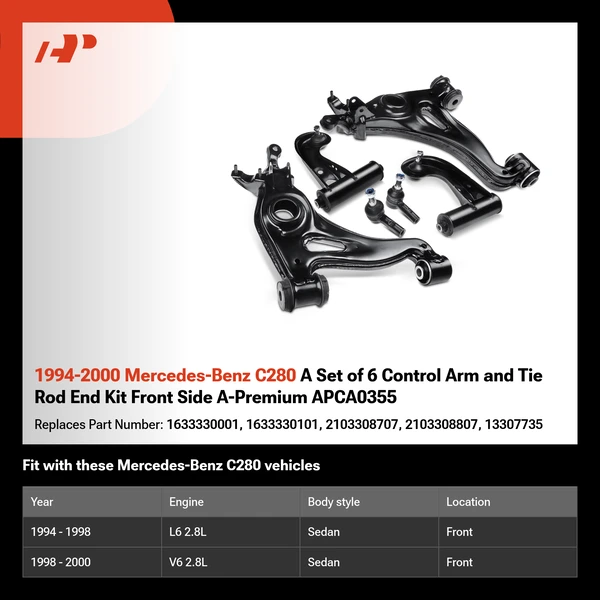 1994-2000 Mercedes-Benz C280 A Set of 6 Control Arm and Tie Rod End Kit Front Side A-Premium APCA0355