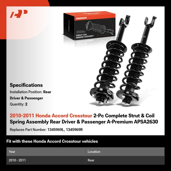 2010-2011 Honda Accord Crosstour 2-Pc Complete Strut & Coil Spring Assembly Rear Driver & Passenger A-Premium APSA2630