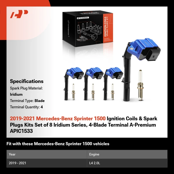 2019-2021 Mercedes-Benz Sprinter 1500 Ignition Coils & Spark Plugs Kits Set of 8 Iridium Series, 4-Blade Terminal A-Premium APIC1533