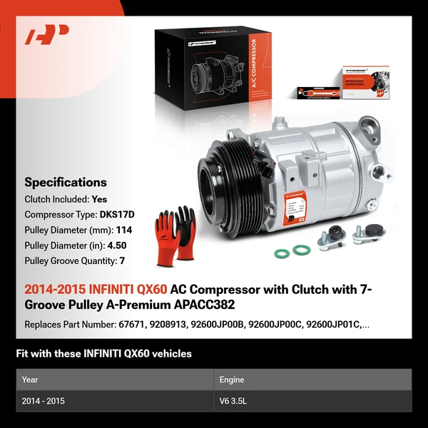 2014-2015 INFINITI QX60 AC Compressor with Clutch with 7-Groove Pulley A-Premium APACC382