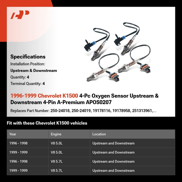 1996-1999 Chevrolet K1500 4-Pc Oxygen Sensor Upstream & Downstream 4-Pin A-Premium APOS0207