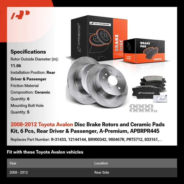 2008-2012 Toyota Avalon Disc Brake Rotors and Ceramic Pads Kit, 6 Pcs, Rear Driver & Passenger, A-Premium, APBRPR445